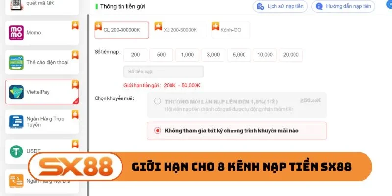 Giới hạn cho 8 kênh nạp tiền SX88